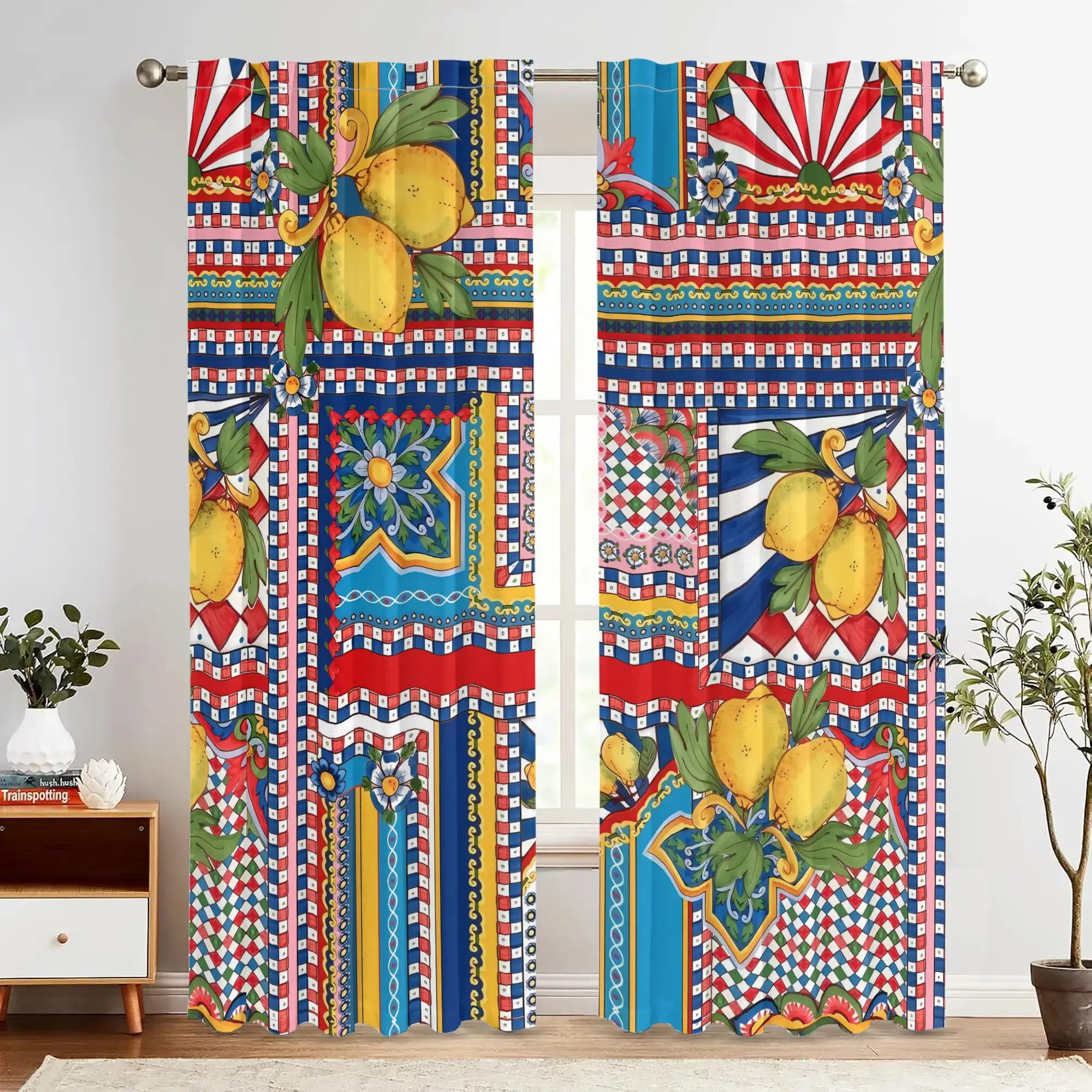 Mediterranean Fruit Blackout Rod Pocket Curtain Lemon Floral Color Block Folk Decor Coastal Homestay Cafe Rest Bay Window
