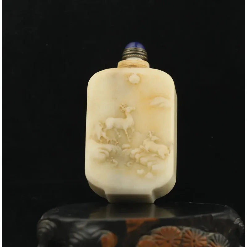 

Old China Natural hetian Jade Hand Carved statue of double deer snuff bottle #13