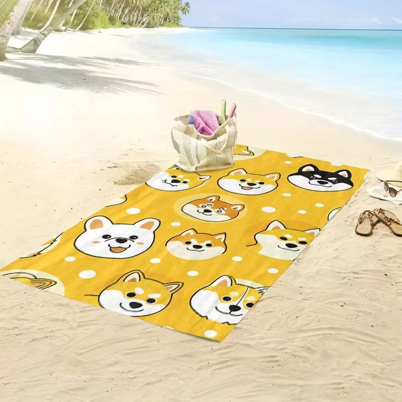 Yellow White Polka Dot Shiba Inu Face Print Oversized Beach Towel Soft Microfiber Cute Cartoon Style Daily Use