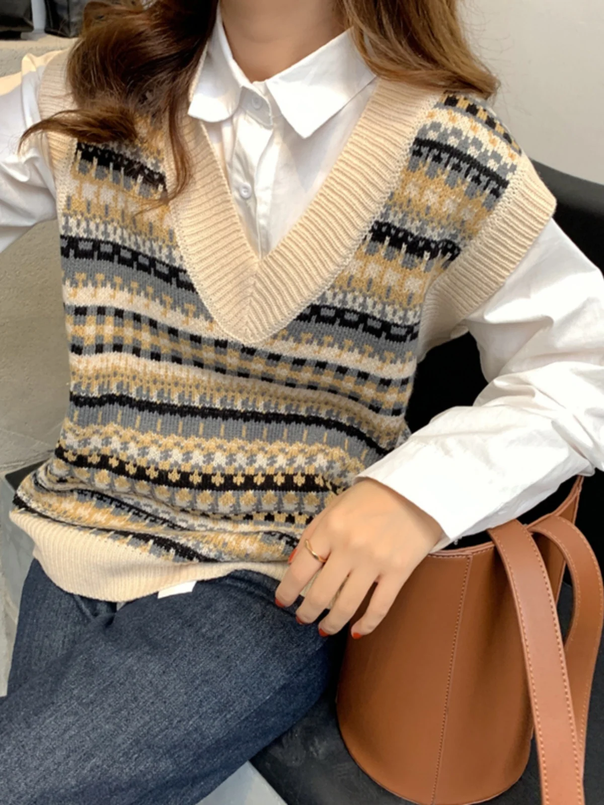 

Retro Striped Knitted Vest Women's Loose Sweater Vest Outerwear Spring Autumn College Sle V-Ne No-Cuff Regular Length