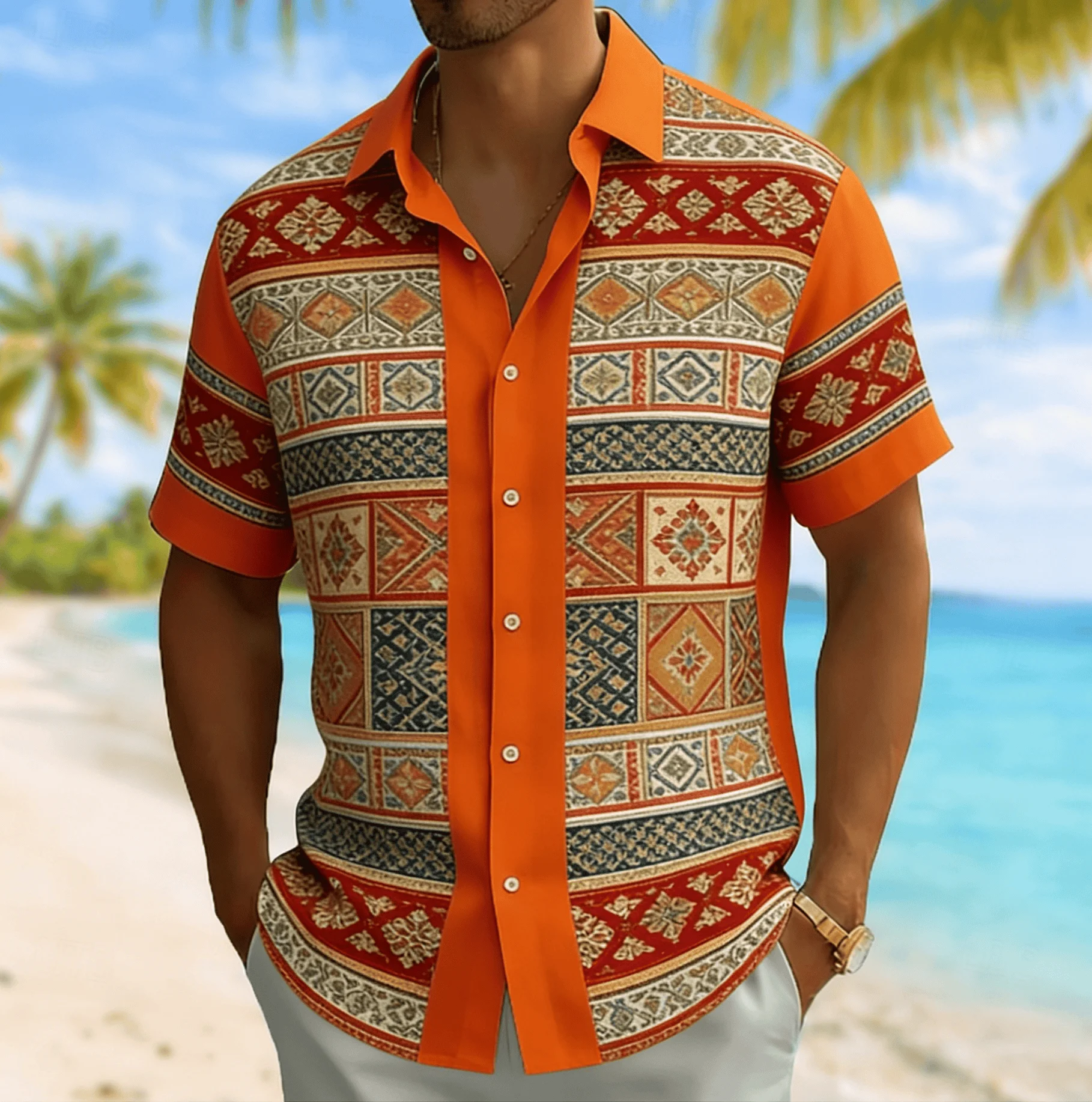 Summer American Retro Contrasting Ethnic Diamond Grid Niche Design Men's Loose Shirt
