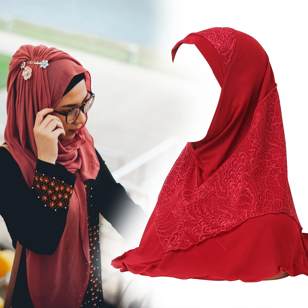 Simple Muslims Hijab Cap Lace Stitching Tulle Lightweight Scarf Shawl For Women Girls One Piece Lace Head Wrap Comfy Headwear