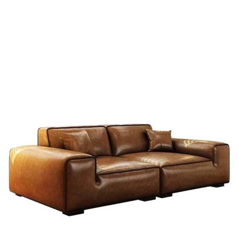 

luxury leather sofa living room small apartment French retro big black cow oil wax leather sofa