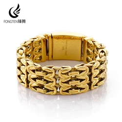 Fongten 22cm Byzantine Bracelets for Men Wave Stainless Steel Thick Chain Wristband Male Bangle Bracelet Multiple Color Jewelry