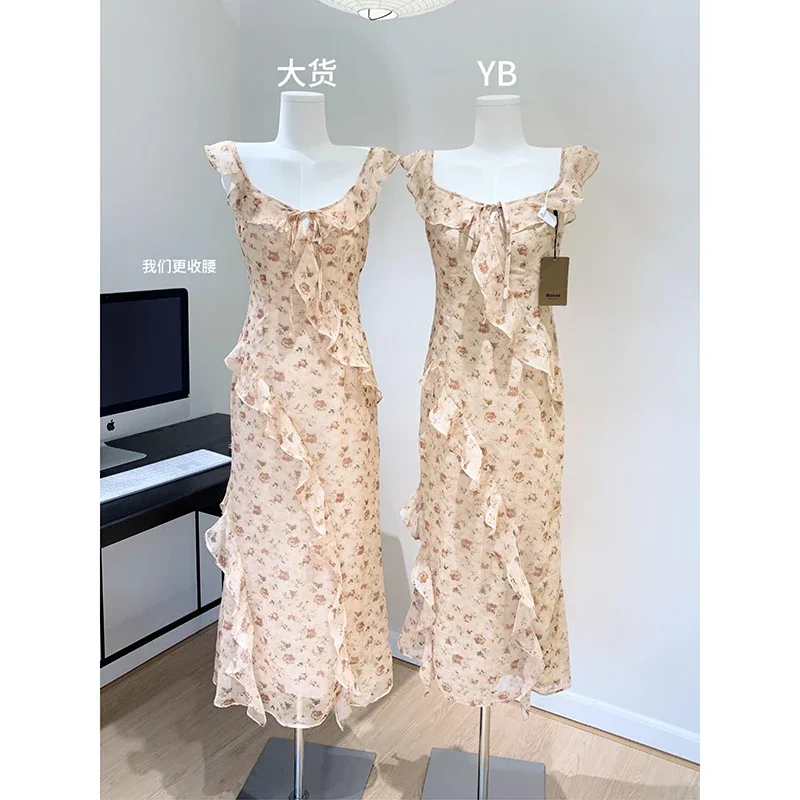 High Quality Floral Dress Sleeveless Chic Fashion Beach Sundress Sweet Streetwear Print Spaghetti Strap Dress Ruffle Romantic