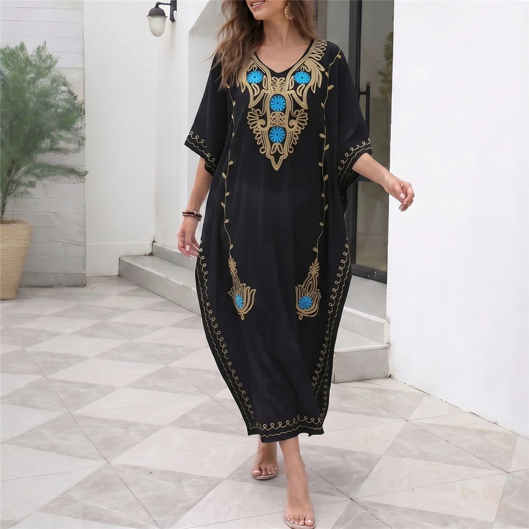 Bedrucktes Halbarm-Strickkleid mit V-Ausschnitt, Häkel-Strick-Tunika, Strand-Cover-Up, Strandkleid, Strandmode, Damen V8318 – Detail 9
