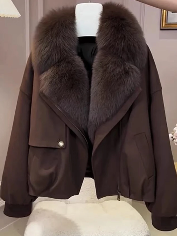 Ladies Brown Faux Fur Collar Cropped Coat Zip Front Flap Pocket Loose Fit Jacket Autumn Winter Party Daily Streetwear Outerwear