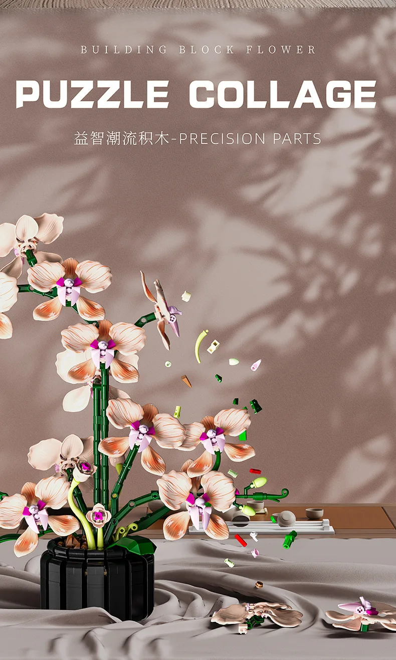Blumen-Bausteine, Orchidee Cymbidium, Ewiger Blumenstrauß, Bausatz, botanisches Rosen- und Gänseblümchen-Modell, Mini-Bausteine, Spielzeug zur Heimdekoration – Detail 35