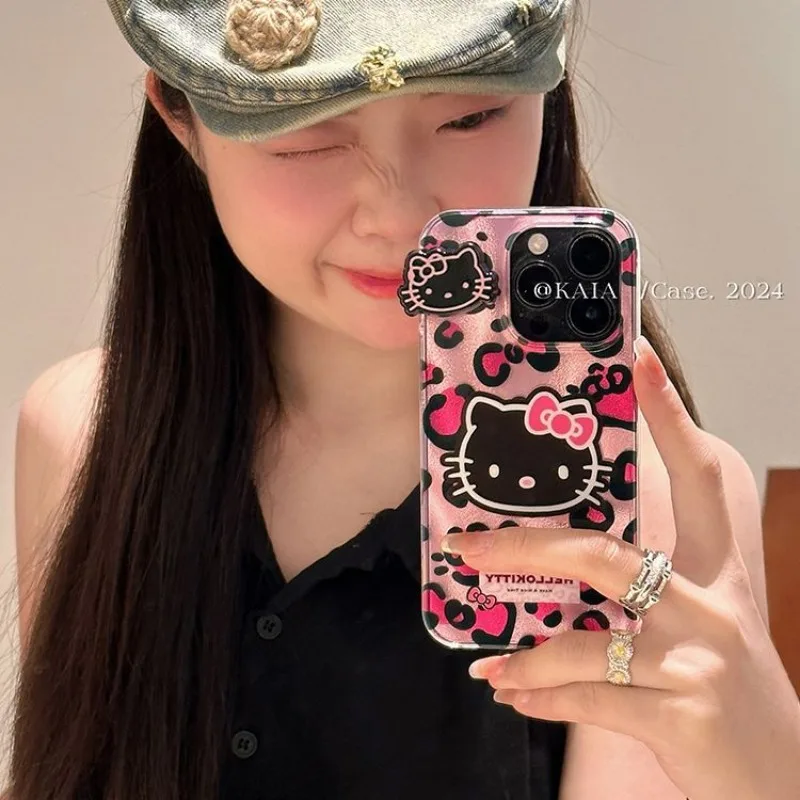 HelloKitty Bow Mobile Phone Case Pink Leopard Print For iPhone16 15 14 13 12 11 Pro Max XR XS 7 8 Plus Silicone Laser Covers Y2K