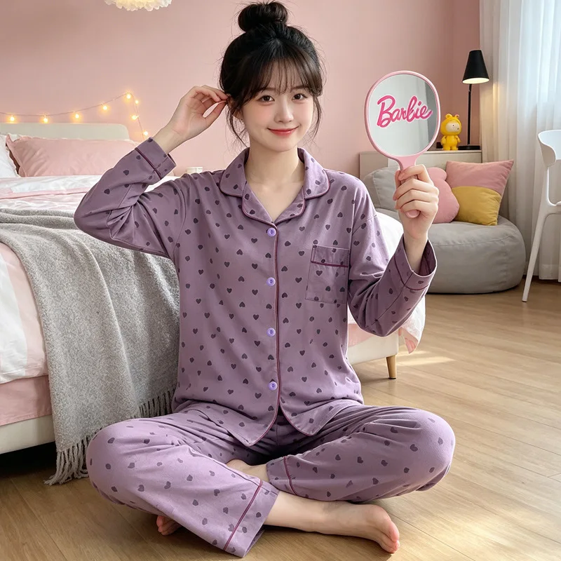 

New Spring/Summer Collection: Korean-Style Purple Heart-Print Luxury Women's Pajamas—long-Sleeve Elegant Loungewear Set