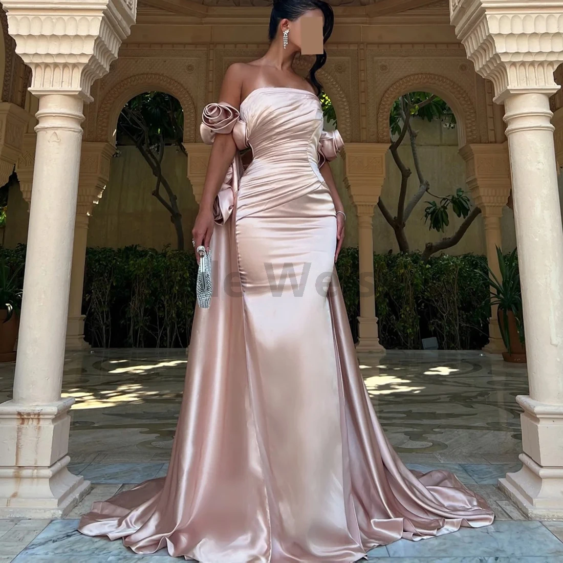 

Strapless Evening Dress with Flowers Cape Mermaid Wedding Gown Customize