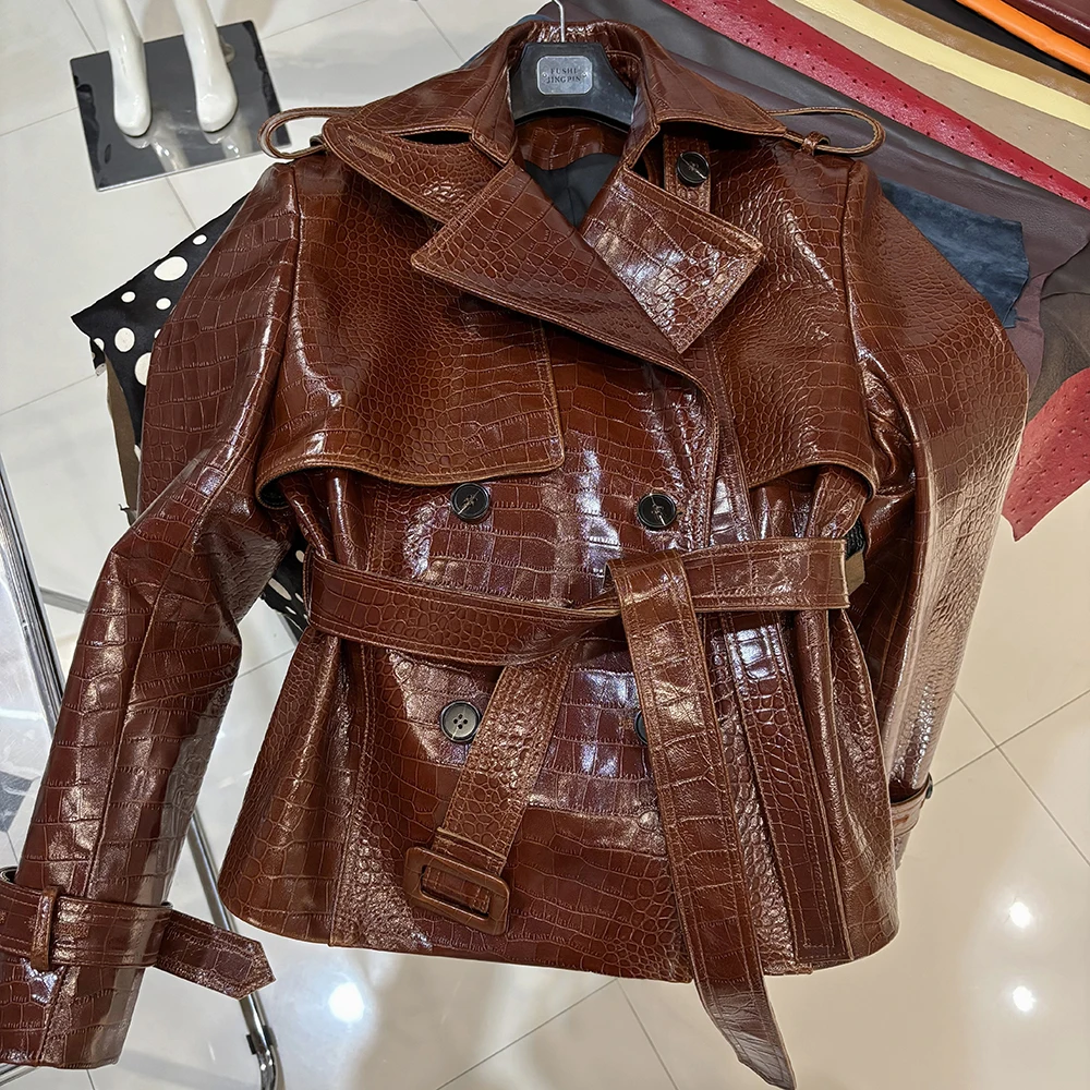 YOLOAgain Double Breasted Croc Pattern Leather Jacket Women 2026 Autumn New Genuine Leather Jacket Ladies