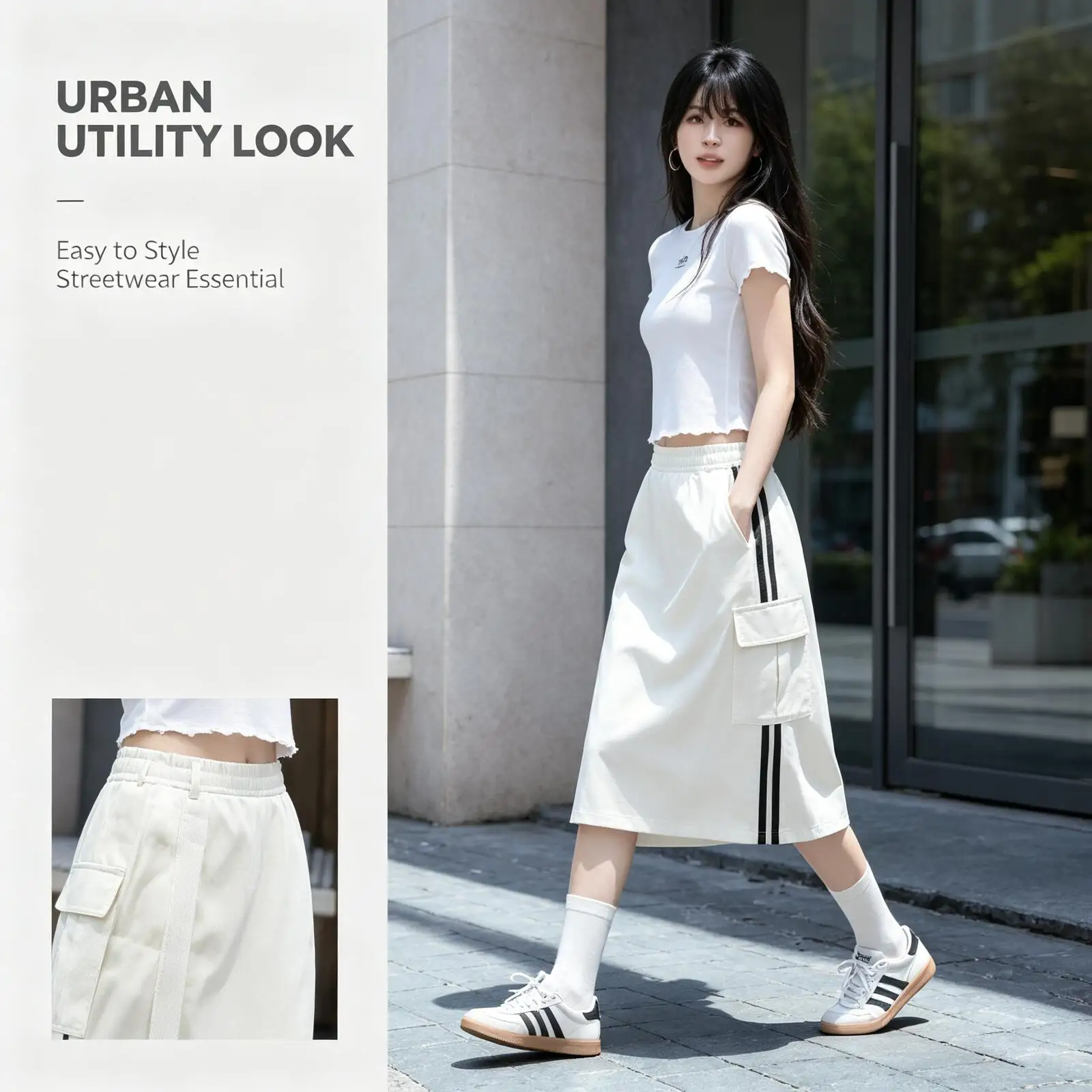 2026 Hot Adidas White High Waist Cargo Midi Skirt Women Straight Long Skirt with Pockets Side Slit Streetwear KS5349