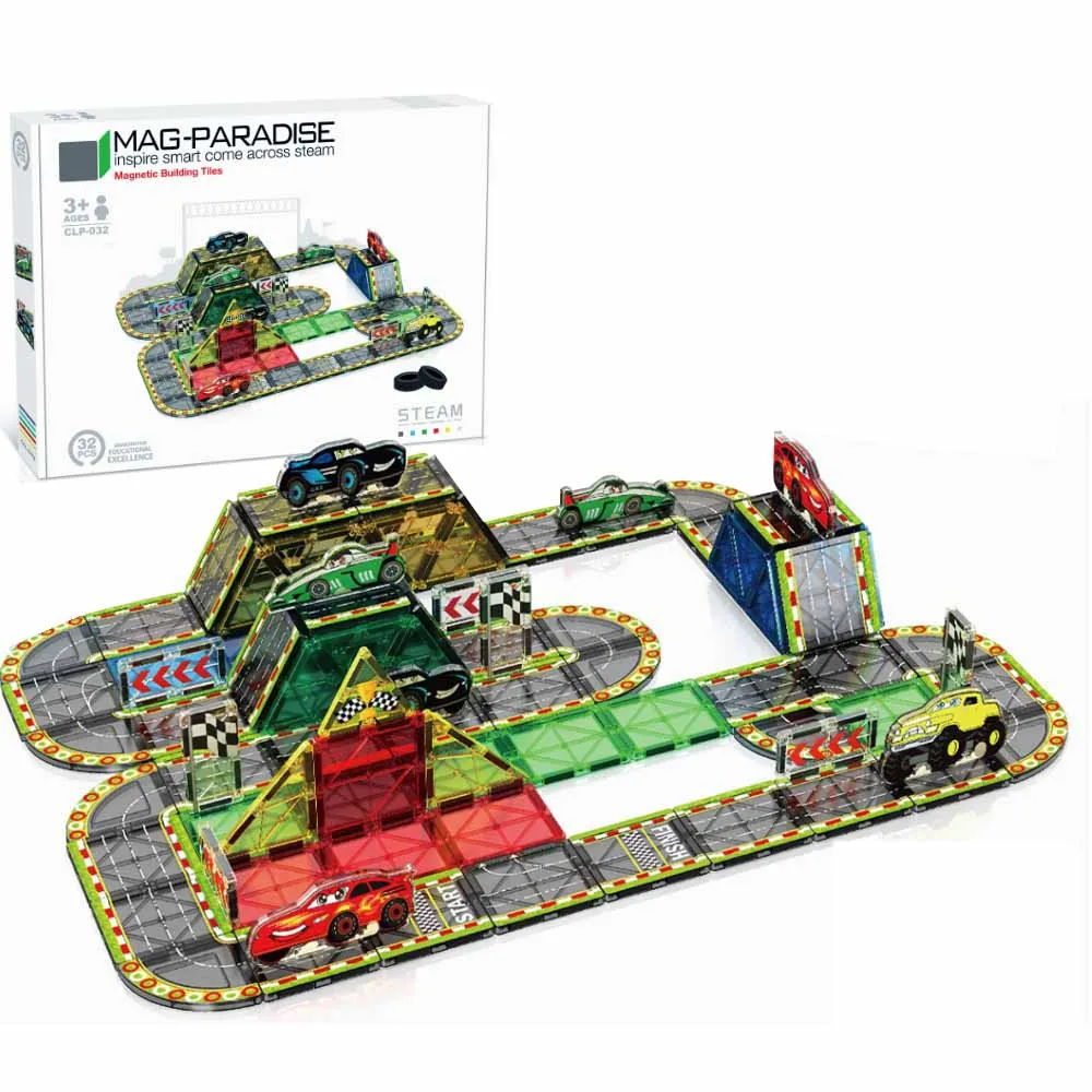 32PCS Magnetic Building Tiles Car Racing Track Set Color Window Magnetic Blocks DIY Assemble Race Car Track STEAM Educational Construction Toy For Kids Boys Girls Birthday Gift Magnetic Tiles Road Building  Puzzle Toy