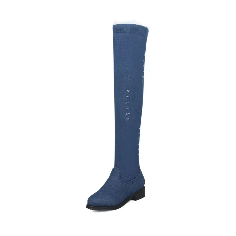 Women Inner Side Zipper Distressed Denim Over The Knee Boots 3.5CM Low Block Heel Fleece Lined Tall Boots Size 32-48 9702