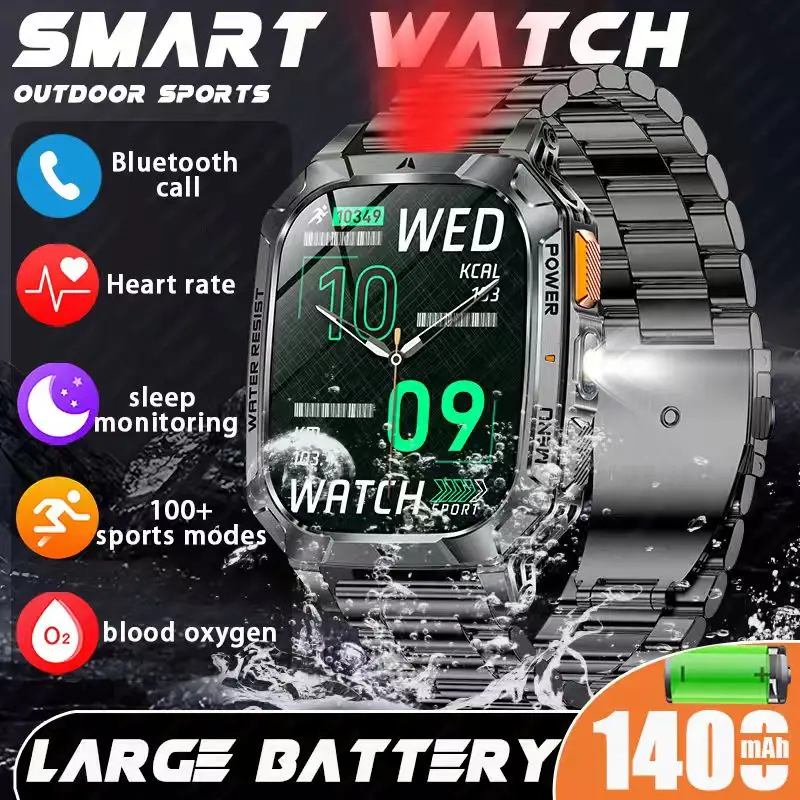 

Новые мужские военные смарт-часы 2026 года с аккумулятором 1400 мАч, экраном 2,01 дюйма, функцией SOS-фонарика, для активного отдыха и спорта на открытом воздухе