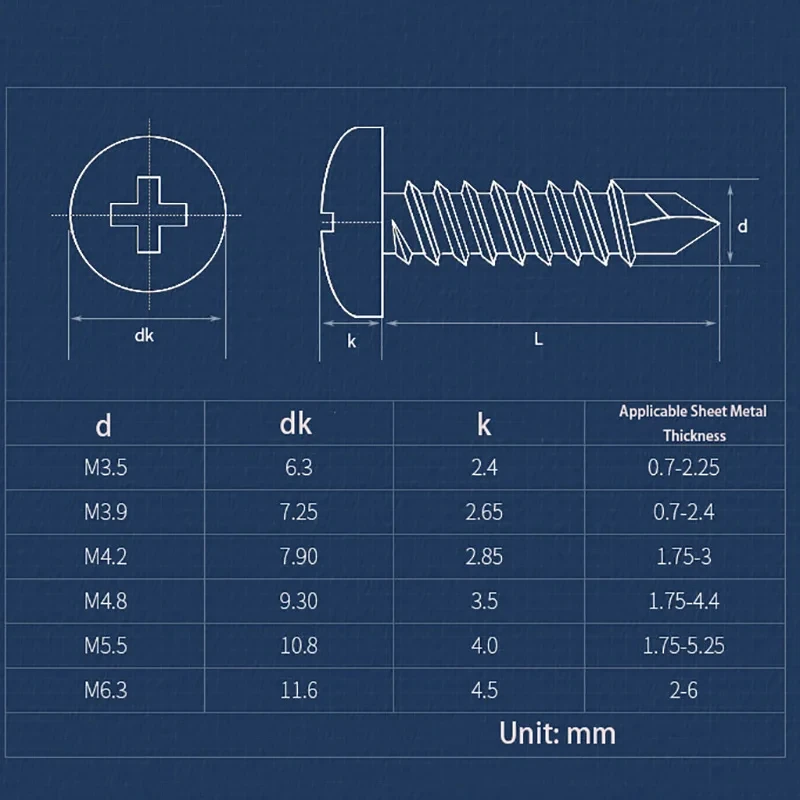 410 Stainless Steel M4.2 M4.8 Cross Round Head Screw Phillips cut-off Slotted Self-Tapping Drill Tail Screws Length: 13mm-50mm