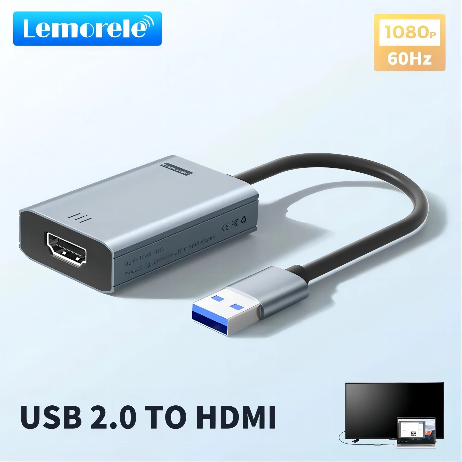 Lemorele-USB إلى محول HDMI ، محول متوافق ، USB ذكر إلى HDMI أنثى ، بطاقة فيديو خارجية ، كمبيوتر ،!