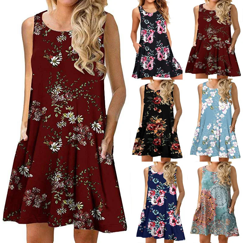 

Women's Printed Sleeveless Dress with Pocket, Tank Top, Spring, Summer