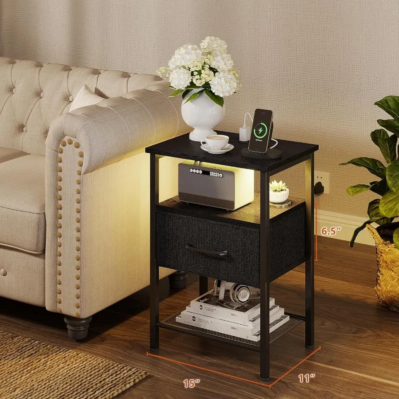 Night Stand, End Table with Charging Station, LED Bedside Table with Fabric Drawer for Bedroom, 3-Tier Side Table