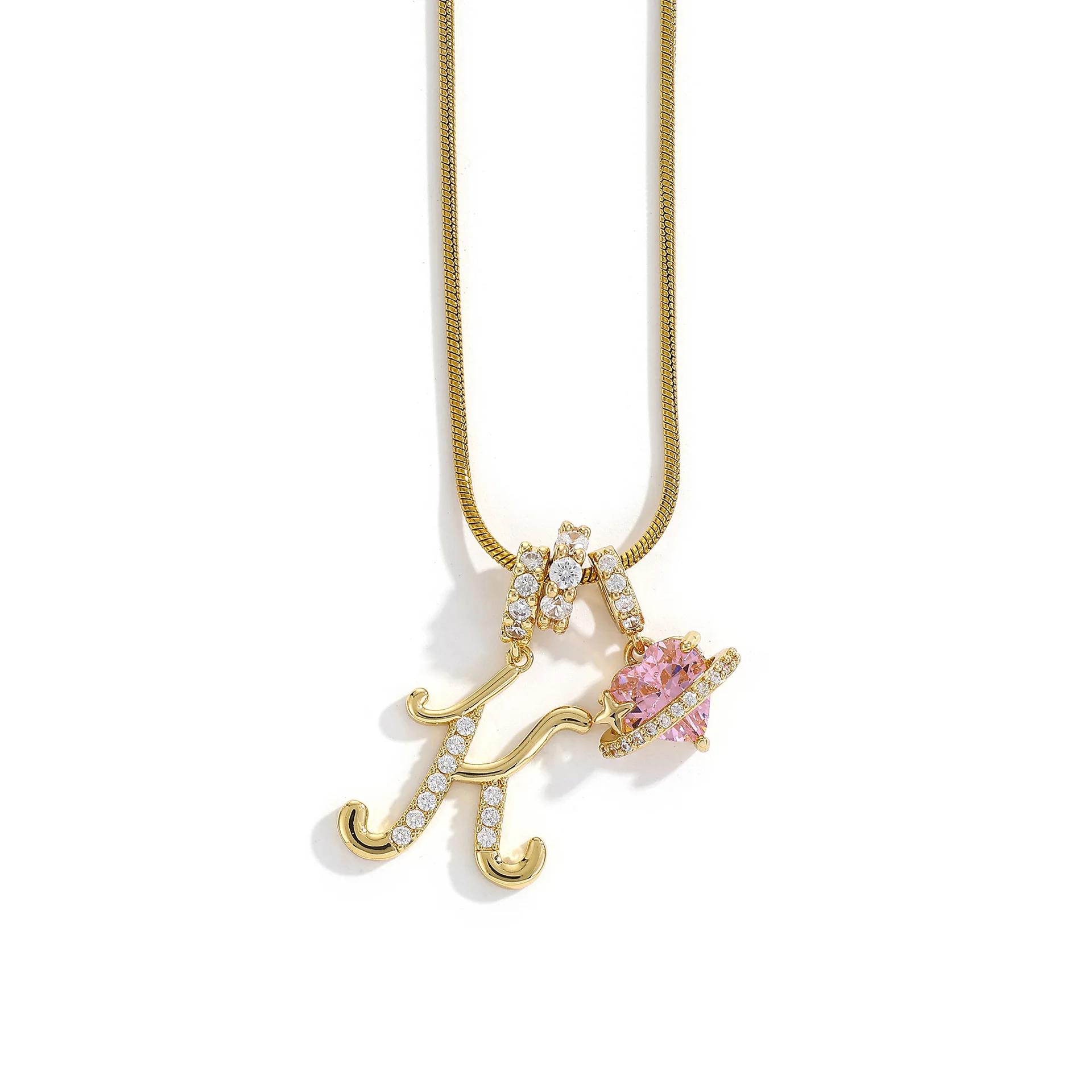 Women's A-Z Initial Letter Pendant Necklace Snake Chain Initial Alphabet CZ Pink Heart Necklace Adjustable Size Hypoallergenic