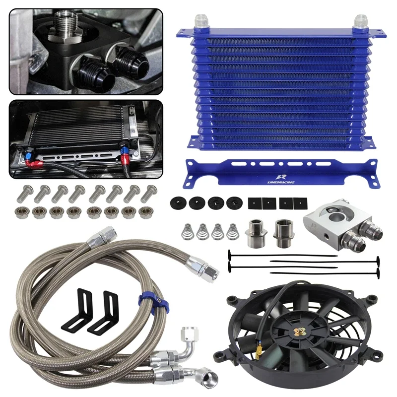 

13/15 Row Oil Cooler Kit Universal w/ Bracket 7" Electric Fan Thermostatic 73±0.5° AN10 7/8"-14 UNF And 1/8" NPT Aluminum Blue