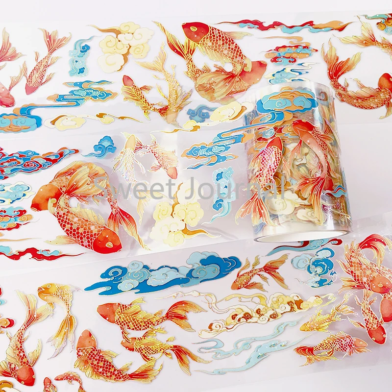 2m/Roll Laser Koi PET Tape Gold Foil Goldfish Decorative Stickers for Planner Scrapbooking Card Making Journaling Supplies