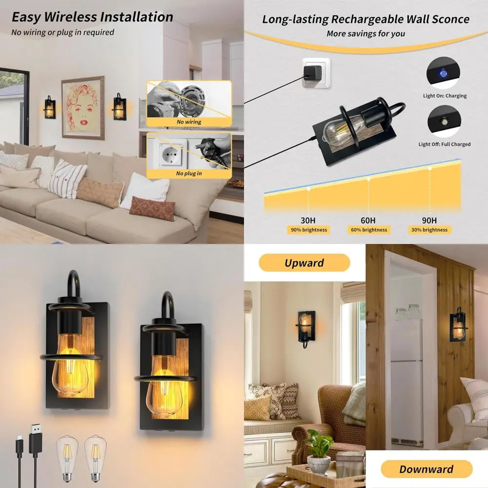 

Battery-Powered Dimmable Wall Lights, Cordless Rechargeable Sconces with Faux-Wood Finish for Easy Installation in Farmhouse Sty