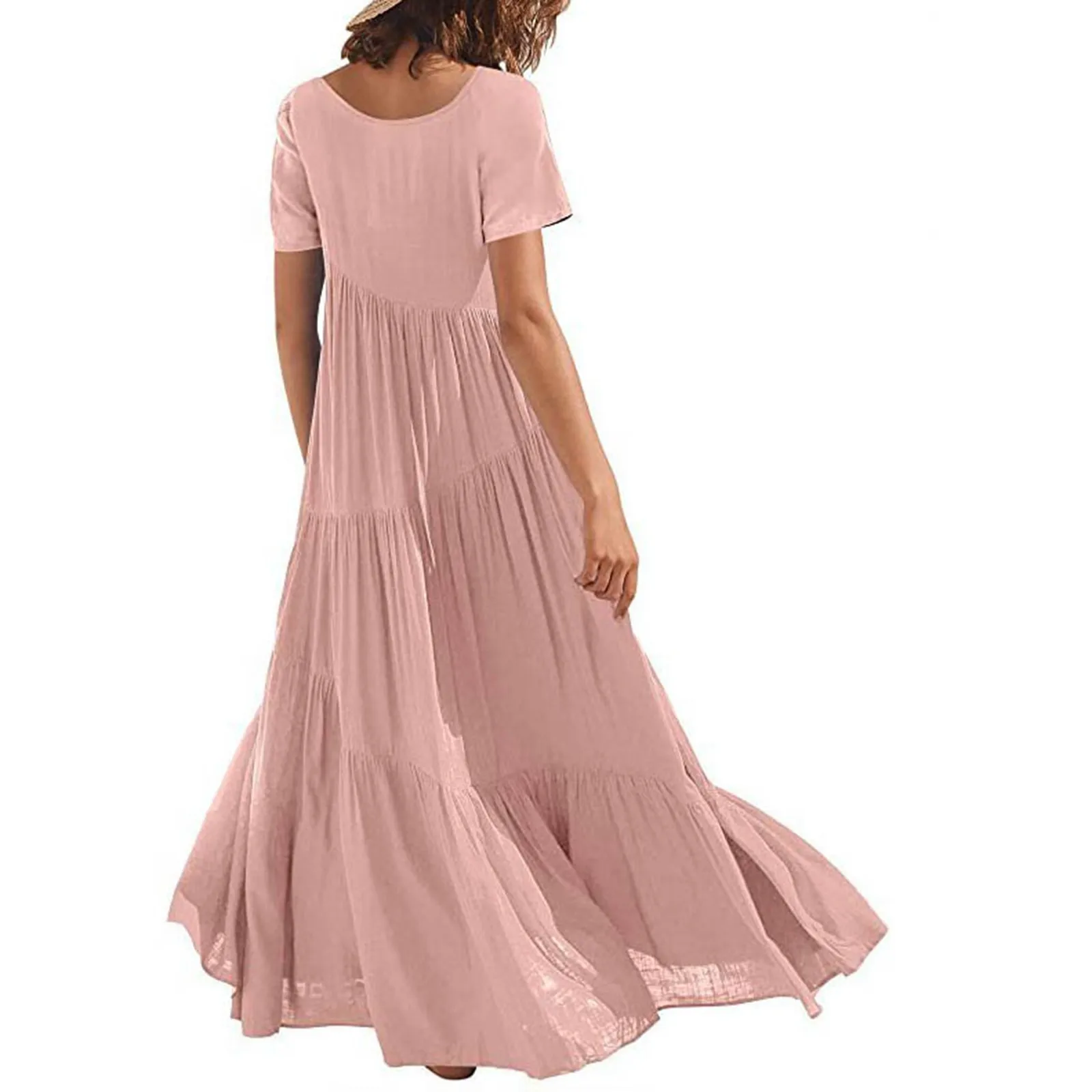 

Vacation Summer Sundress Pleated Tiered Casual Solid Fashion Long Robes A-line Women Short Sleeve Scoop Neck Maxi Dress 2024