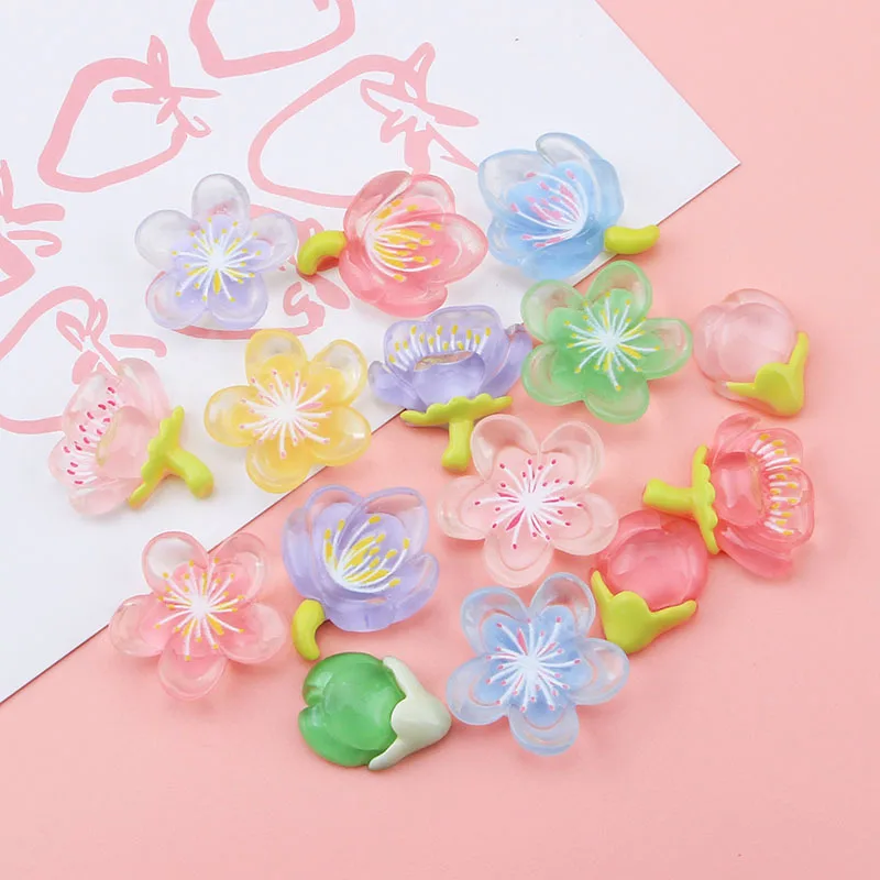 Resin Flower Cabochons Flatback 20pcs Lovely Transprarent Peach Blossom Flowers Resin Charms for Slime Flat Back Embellishments