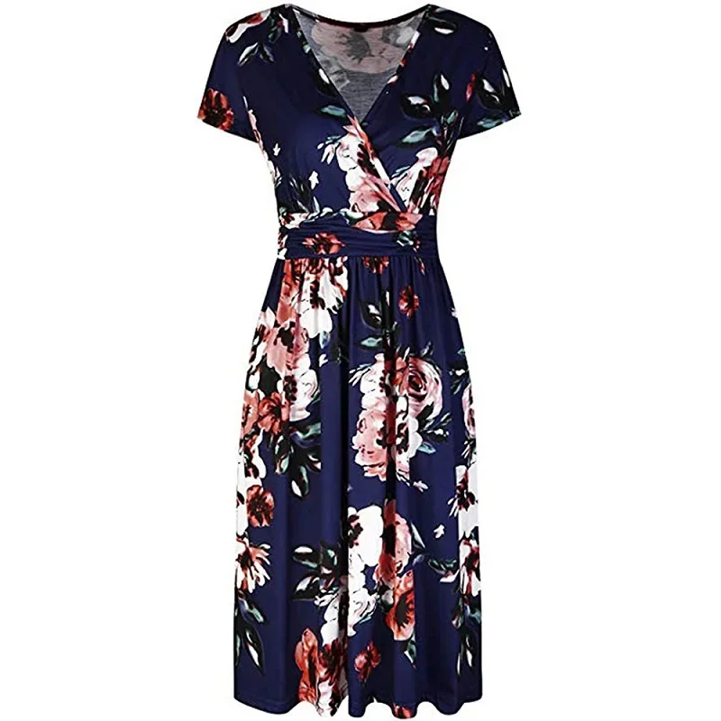 Cross-border women's summer 2024 new retro plant print V-neck breast wrap thin temperament elegant casual dress