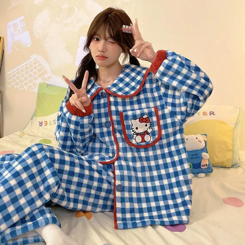 Sanrio Hello Kitty Autumn Winter Flannel Thick Warm Pajamas For Women Set Blue Checkered Fashion Sleepwear Casual Home Clothes