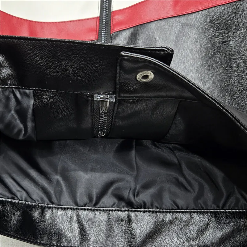 Kurtka damska skórzana w stylu baseballowym HKSH na wiosnę i jesień, kontrastowe kolory, patchwork, motocyklowa, krótka kurtka, zapinana na zamek, panelowa, model HK12774