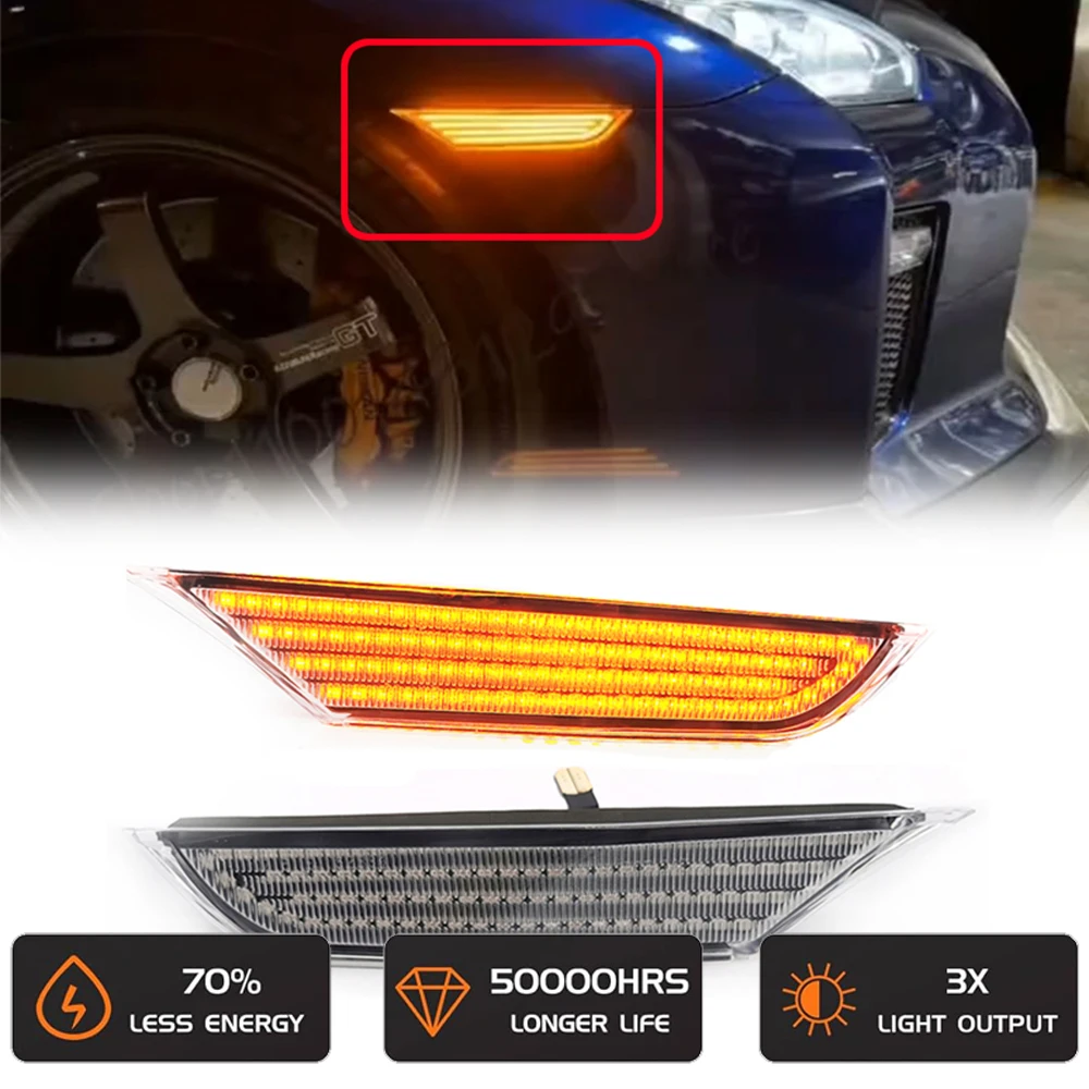 

LED Flashing Front Fender Side Marker Light for Nissan GTR R35 Coupe GT-R Nismo V6 2007-2022 Auto Parts Accessories 2pcs