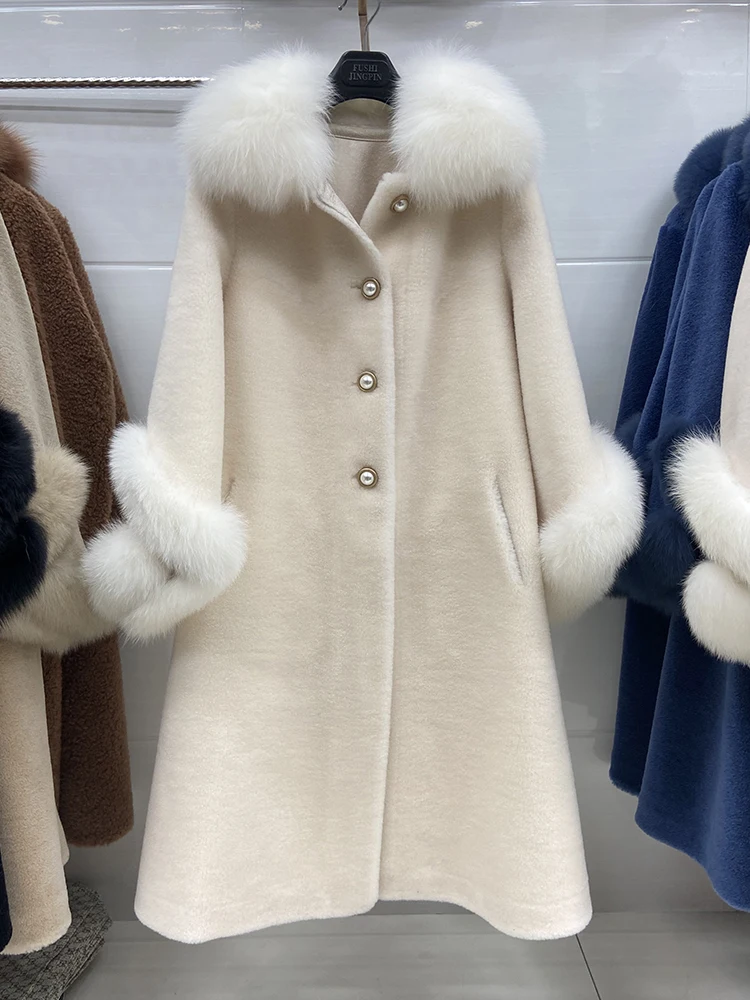 New Arrival Winter Women Female 100% Woolen Long Coat With Natural Fox Fur Collar Cuff Long Wool Winter Warm Outwear