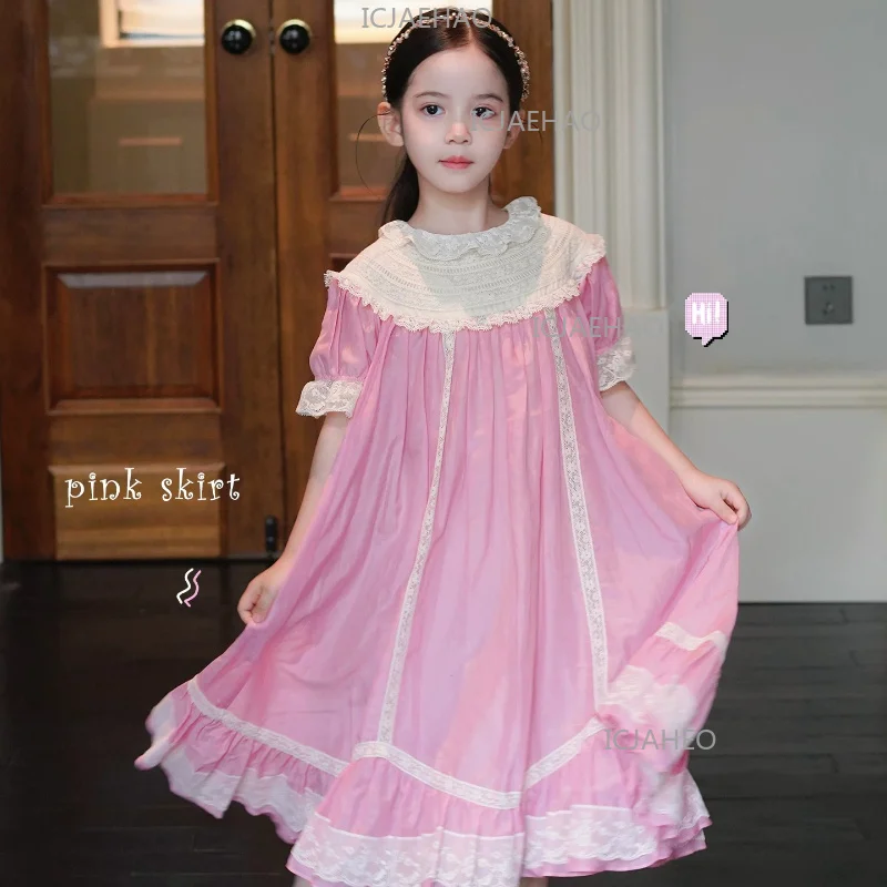 2026 Children Sweet Pink Lace Patchwork Tencel Dress Kids Girls Puff Sleeve Princess Long Gown Birthday Party Banquet Costume