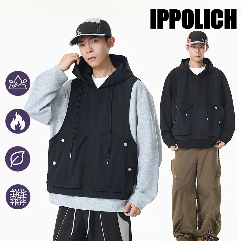 Unisex Spliced Hooded Hiking Jacket Oversized Side Pockets Drawstring Loose Autumn Thickened Functional Streetwear Outerwear