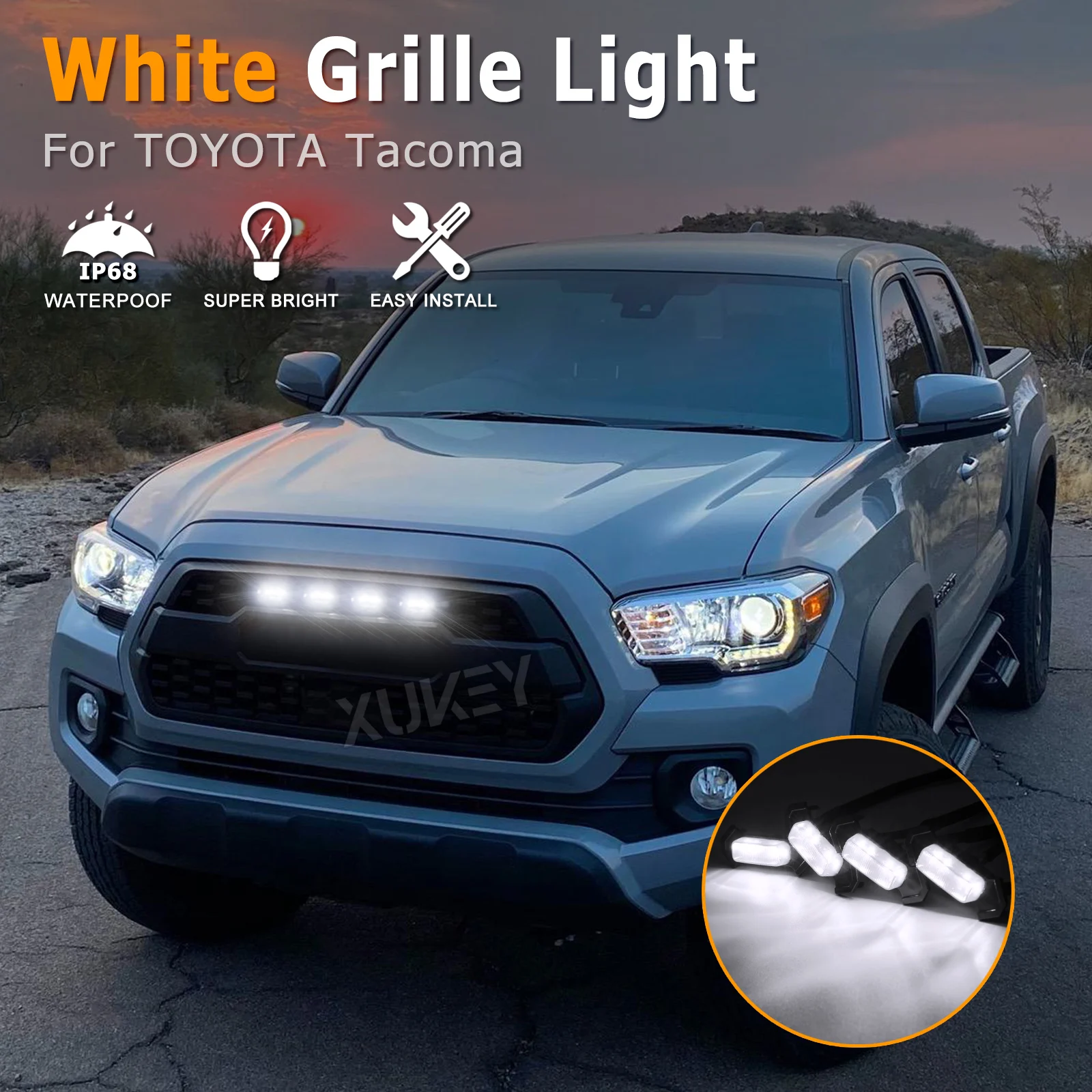 4x 12V Smoked Lens Front Grille White LED Light with Wiring Harness Kit For Toyota Tacoma 2016 2017 2018 2019 2020 w/TRD Pro DRL