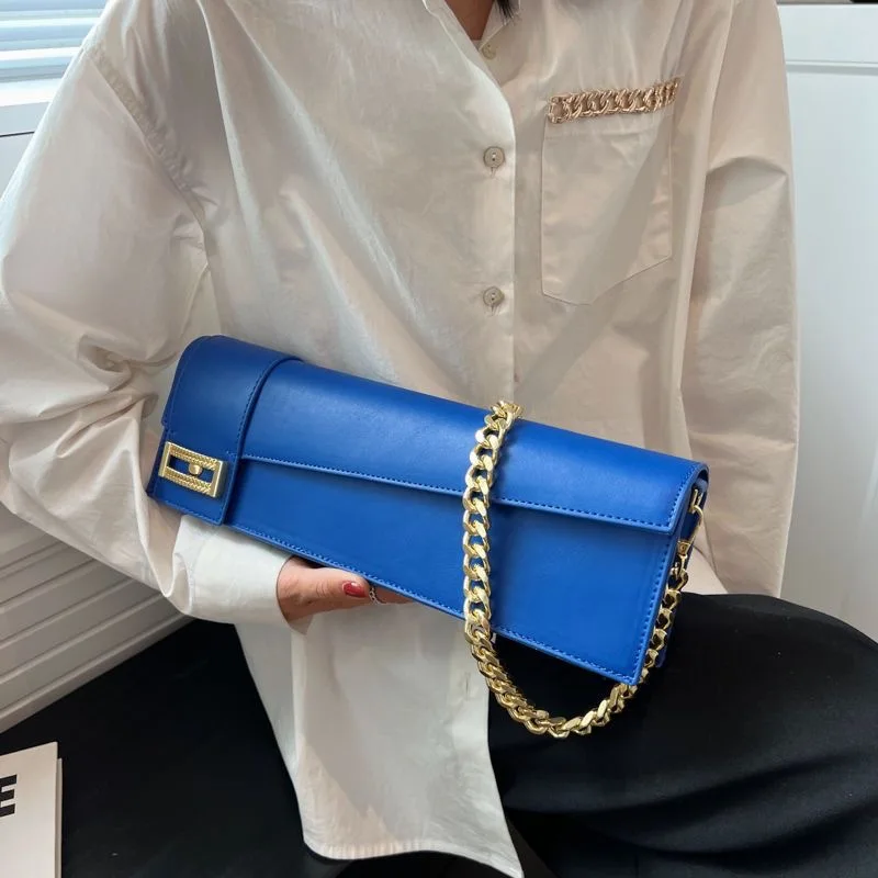 Fashion PU Leather Shoulder Bag Women's Leisure Rectangle Solid Female Handbag High Quality Klein Blue Underarm Bag Ladies Purse