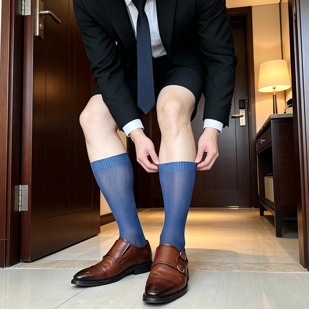 Men's Cotton Ribbed Dress Socks Formal Business Calf Length Breathable Solid Color Office Luxury Suit Socks
