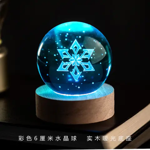 Genshin Impact Vision 3D Engraved Crystal Ball Night Light 6CM With Wooden Warm Light Base Desktop Decor For Anime Game Fans