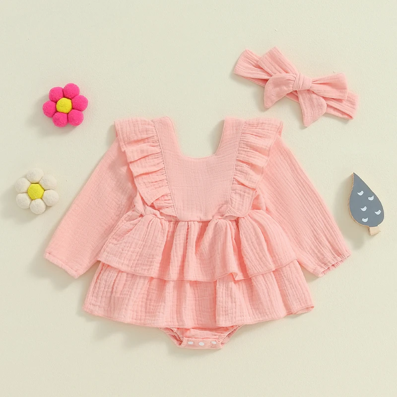 Toddler Baby Girls 2 Piece Outfits Solid Color Ruffles Long Sleeve Romper Dress and Cute Headband Infant Set