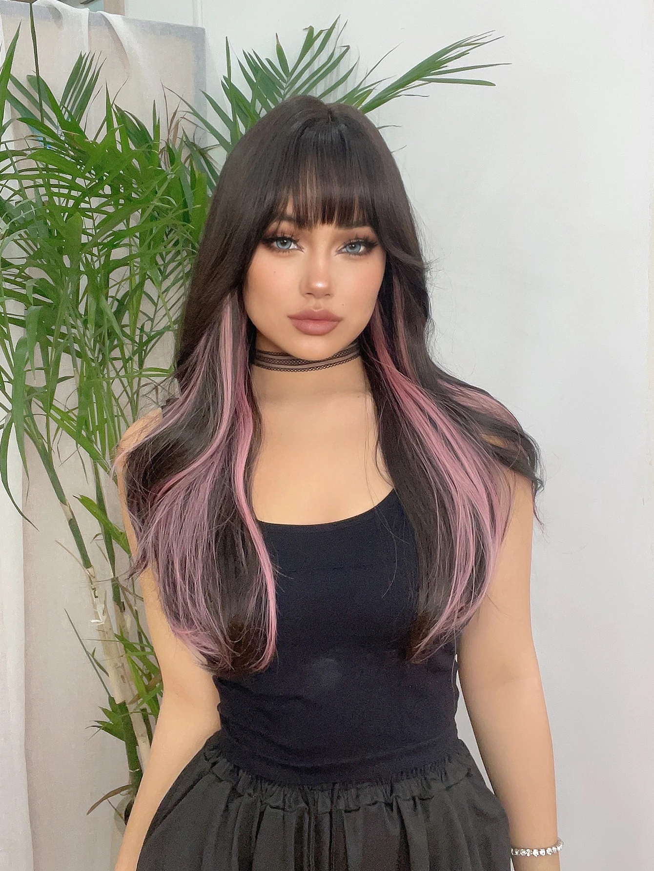 24Inch Black Highlight Pink Synthetic Wigs With Bangs Long Natural Straight Hair Wig For Women Daily Use Cosplay Heat Resistant