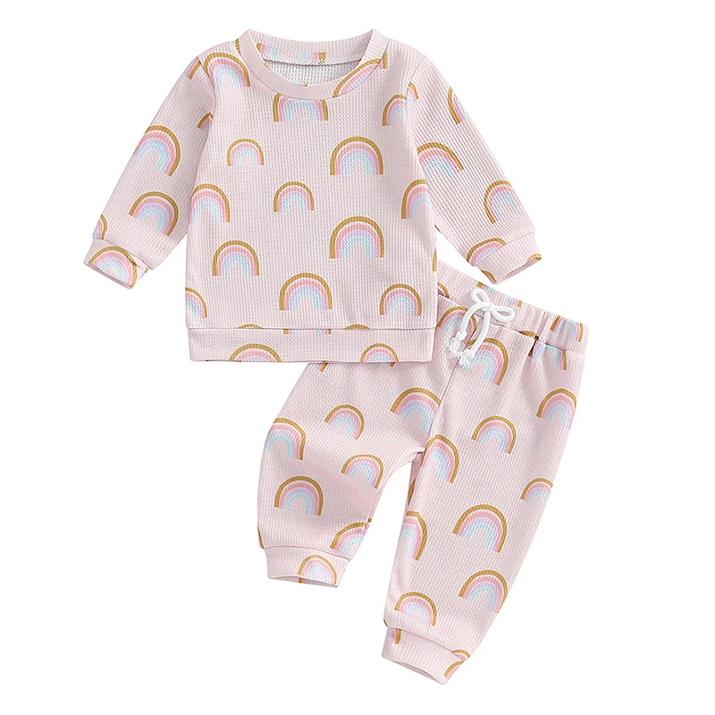 

Girls 2PCS Fall Sets Long Sleeve Round Neck Rainbow Print Tops Drawstring Pants Set