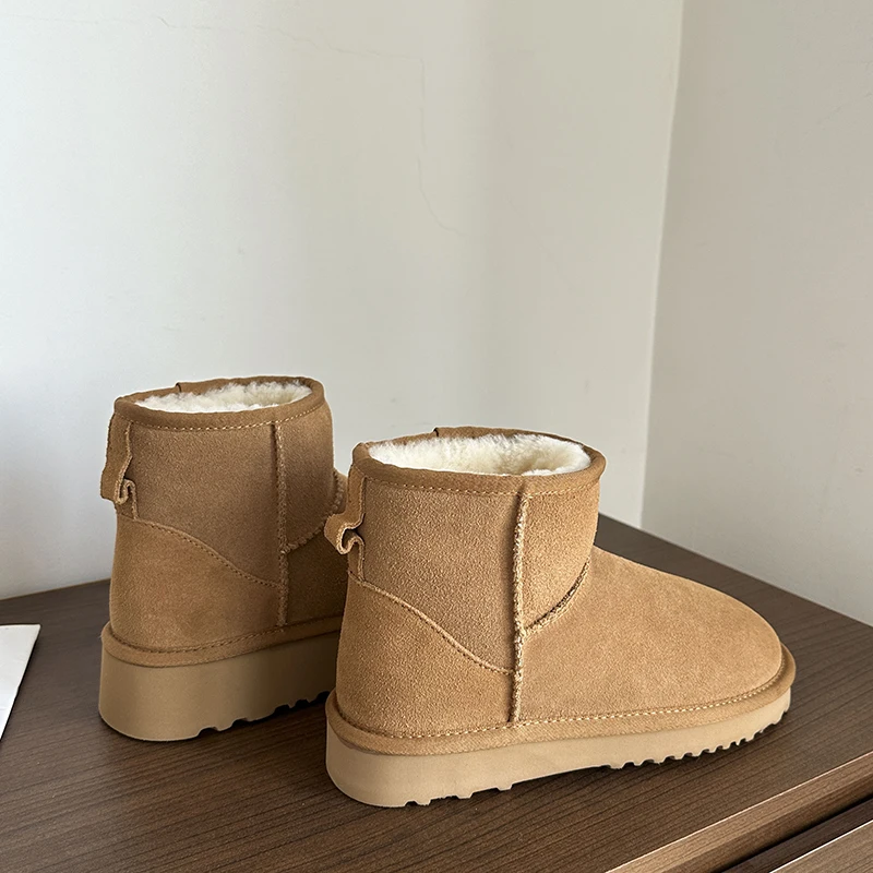 Brown Cow Suede Wool Women's Snow Boots - Trendy Platform Ankle Boot