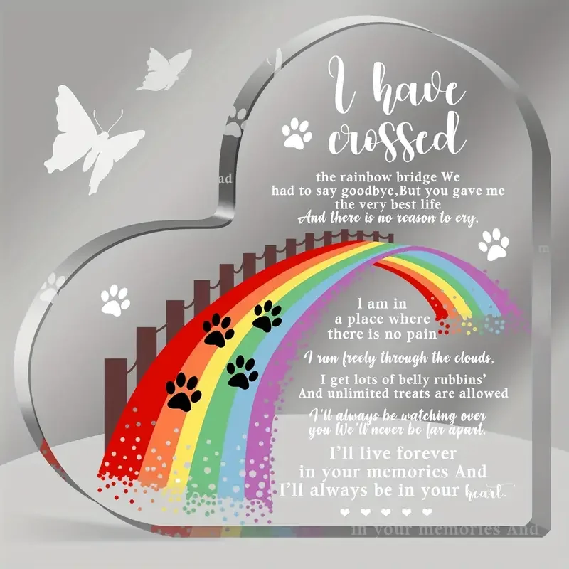 [Sympathy Gift] Rainbow Bridge 1pc Heart-Shaped Acrylic Pet Memorial Gift | 2D Flat, Paw Prints & Butterflies, Sympathy Gift