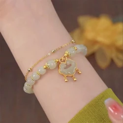 Lucky Jade Antique Bells Pendant Beaded Bracelet Chinese Style Auspicious Clouds Double Layer Bracelet Women Fashion Jewelry