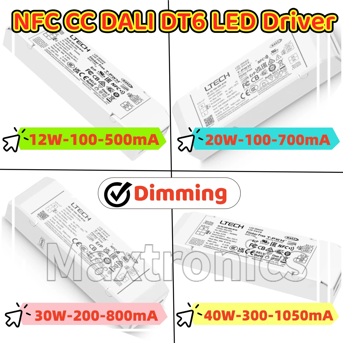 LTECH NFC CC DALI DT6 LED Driver 12W 100-500mA 20W 100-700mA 30W 200m-800mA 40W 300mA-1050mA Dimming Driver Lighting Transformer