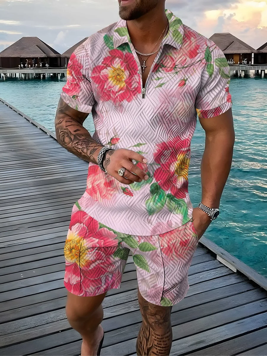 Summer Trend Men's Suit Casual Beach Shorts Suit Floral 3D Printing Short Suit Zipper Polo Shirt Suit 2-piece Set