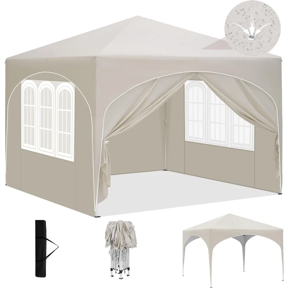 Gazebo pop-up da 3 x 3 m Gazebo pergola da giardino con pareti laterali per campeggio, feste, spiaggia, all'aperto, con borsa per il trasporto, Beige